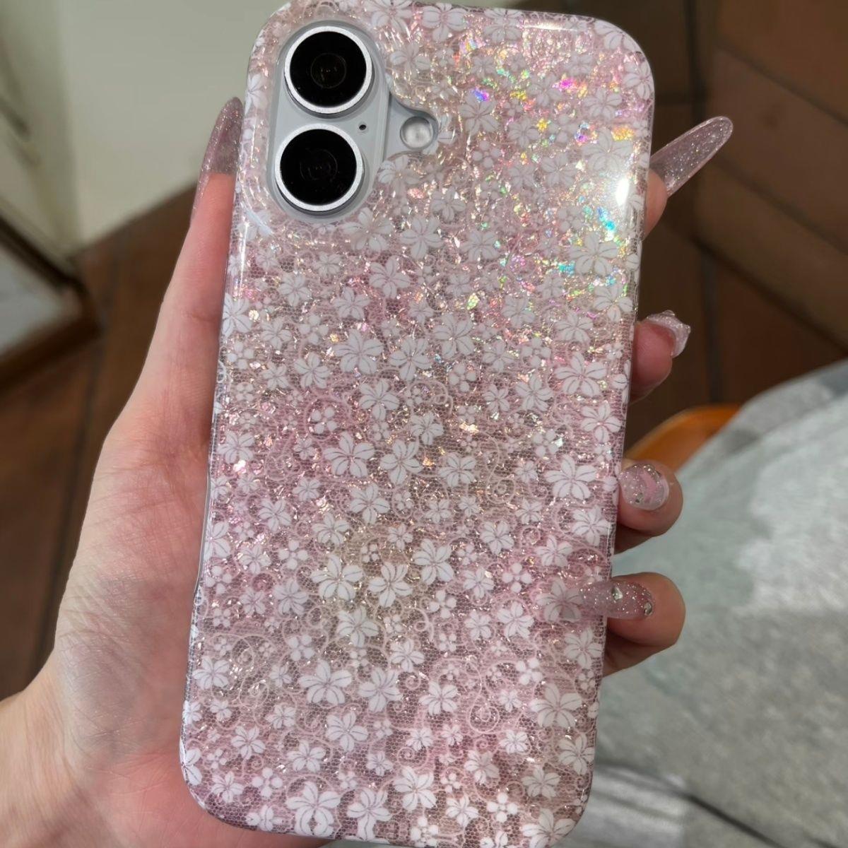 唯美温柔感粉闪片满屏白花朵适用苹果iphone18promax手机壳17pro少女心16pro防摔15保护套17pro新款
