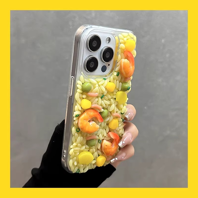 适用苹果15手机壳立体虾仁菠萝炒饭iphone15promax滴胶14pro创意个性13透明12简约大孔11保护套