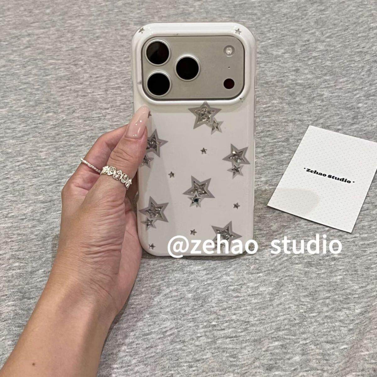 ins奶白底银碎叠星适用于苹果17pro双层iphone16亮面气囊手机壳15卡通日韩个性创意14防摔保护套
