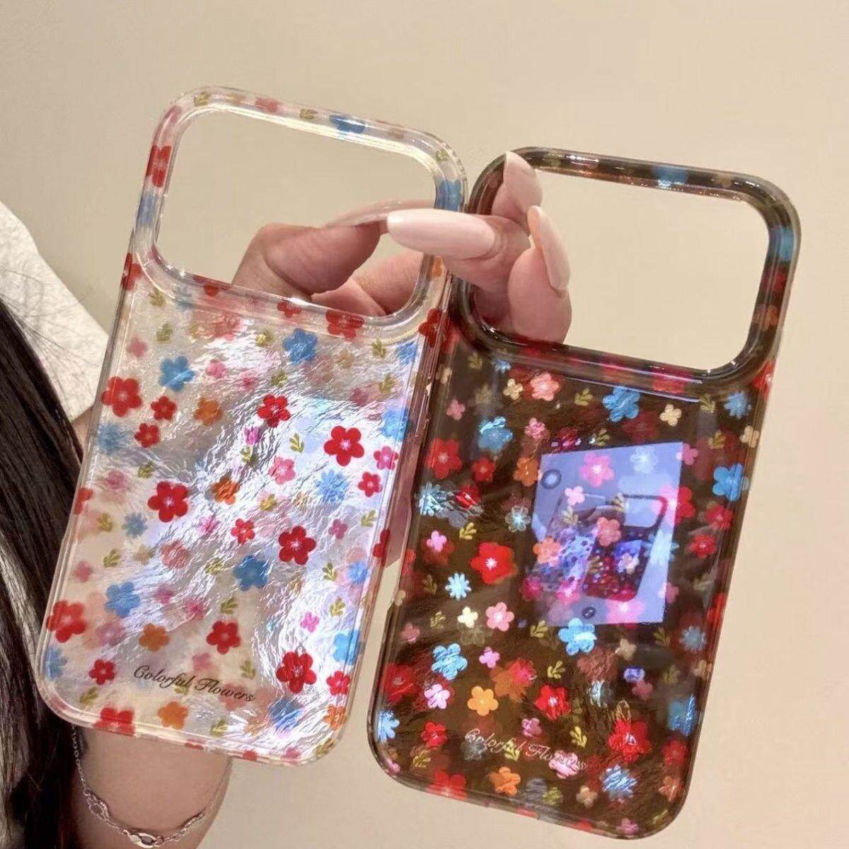 春款ins简约棕底彩色花朵适用iPhone17promax手机壳苹果16promax女款15promax新款16pro手机套防摔软边