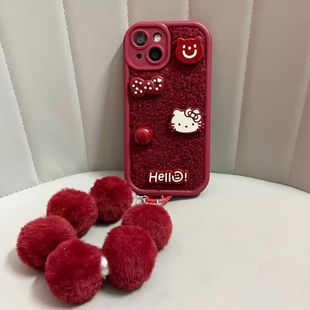 红色kt猫适用苹果iphone16promax手机壳15plus新年14毛球13挂链12立体11毛绒xr8可爱7xsmax8硅胶se2 3卡通女p