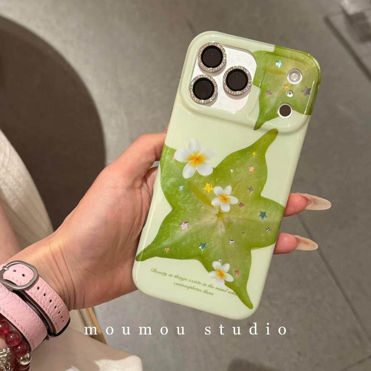 夏日ins绿色杨桃花朵星星适用苹果17promax手机壳iphone16pro新款14pro少女15promax小众13全包硅胶防摔软壳