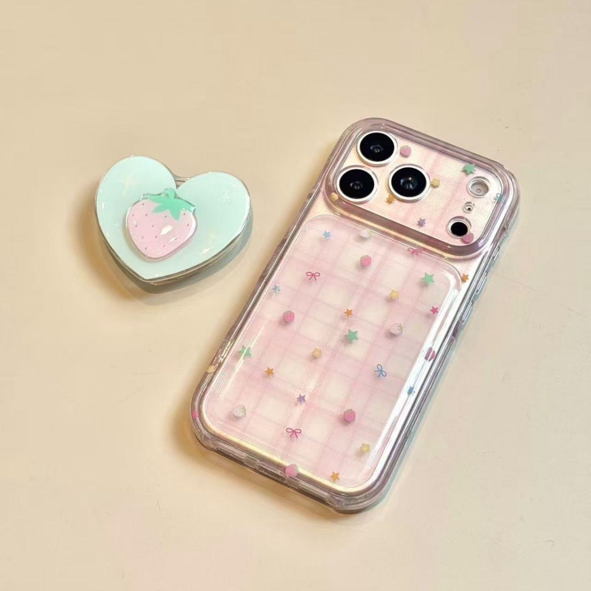简约少女心格纹彩星草莓蝴蝶结适用于iphone17promax苹果16手机壳唯美小清新创意防摔保护壳