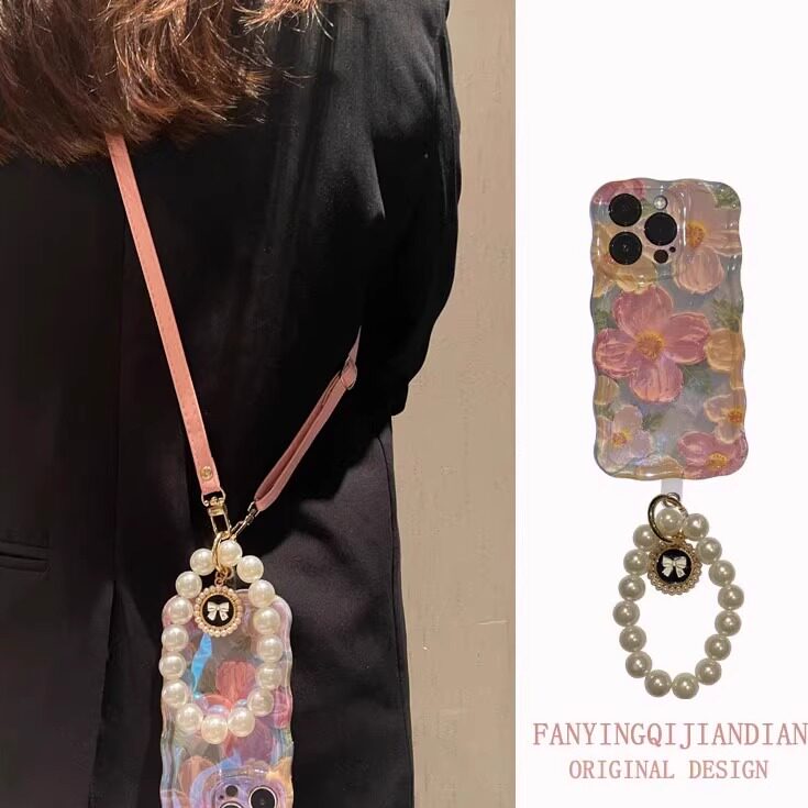 高级感油画花朵腕链适用苹果14promax手机壳iPhone14斜挎13挂绳12手提13pro挂链11珍珠手链13Promax夏季清新