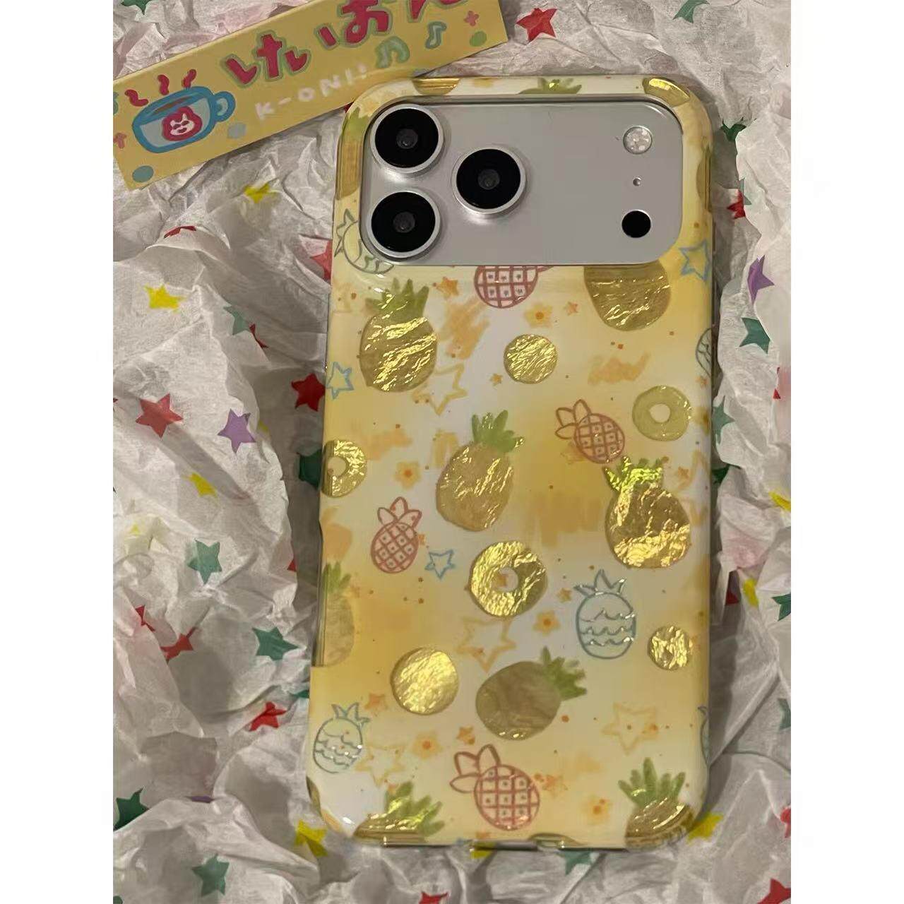 夏日ins黄白渐变锡纸纹菠萝适用苹果16promax手机壳iphone17pro新款14pro韩风15promax情侣13全包防摔保护套