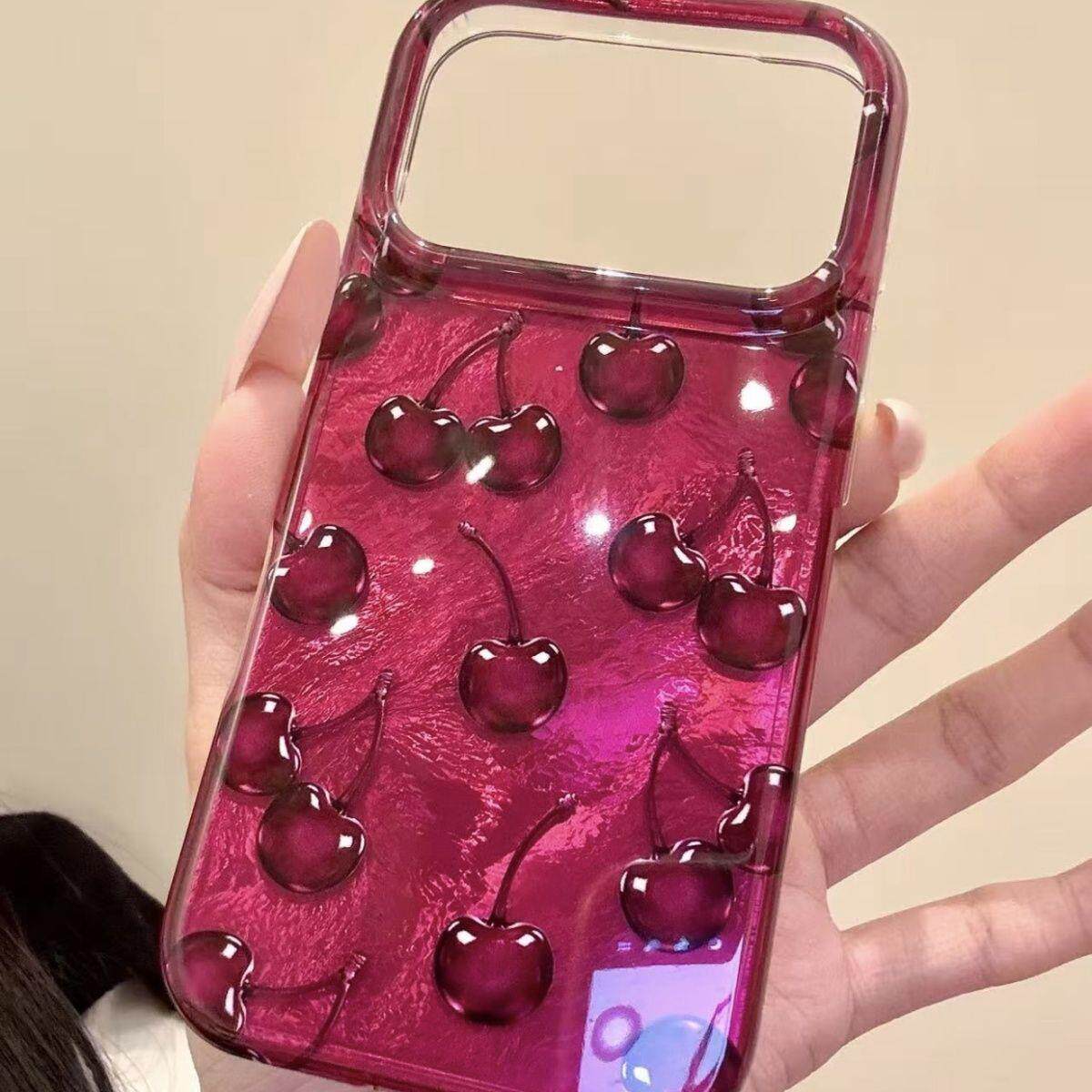 适用于iphone18promax手机壳创意设计感17pm简约锡纸纹樱桃红16pm高级感小众新款防摔保护壳
