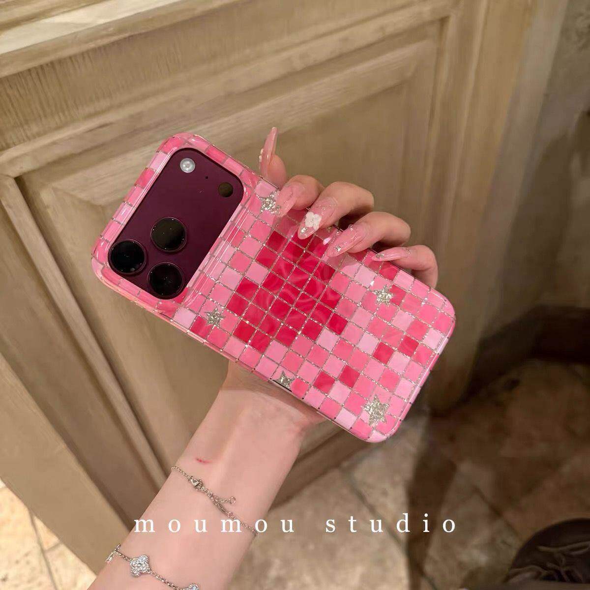 复古酒红方格ins韩系17适用18pro苹果18ProMax手机壳iPhone16pro全包新款17Promax保护套手提15promax少女