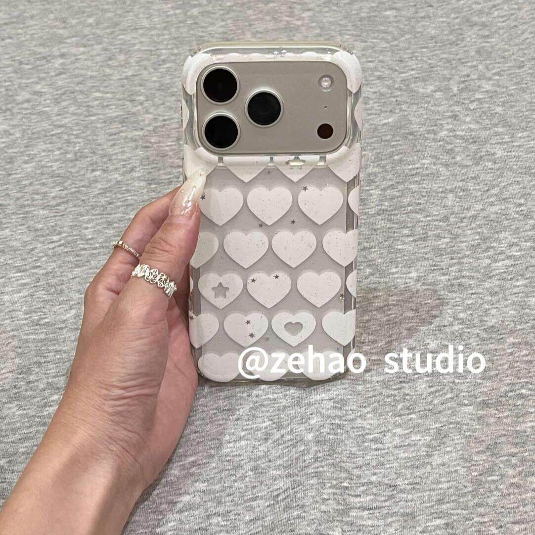 细闪透明满屏白爱心适用于iphone17Promax苹果17pro手机壳新款16promax/15promax全包14x保护套
