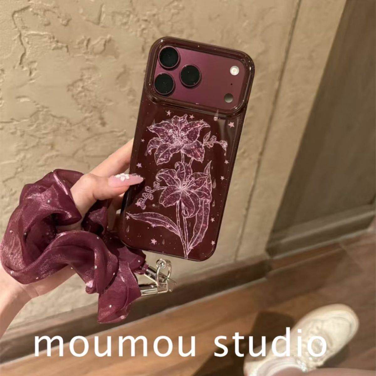 ins韩系酒红色百合花高级ins感适用于iPhone1817Promax不撞款小众15pro全包防摔可爱16p韩系女款2026大爆款