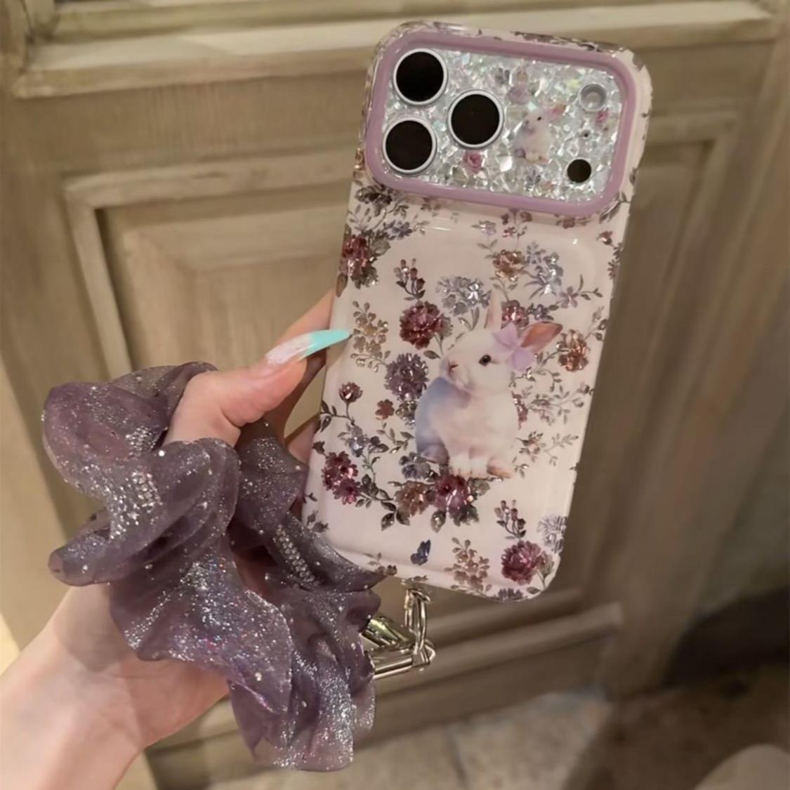美牧 ins古早钻石纹花朵兔子适用苹果18promax手机壳iphone17promax新款15女16pro带挂绳17pro全包防摔手机套