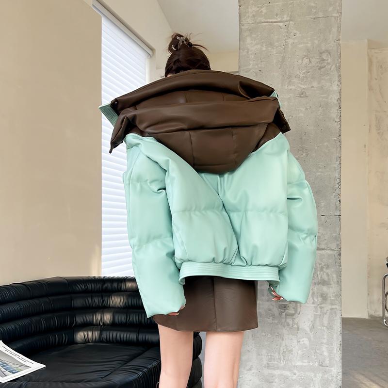 CHICZHIpu皮拼接连帽短款羽绒服