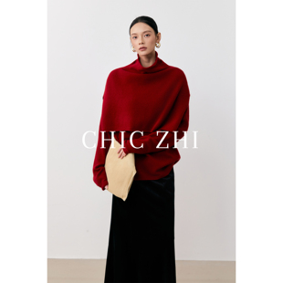 氛围感高领斗篷两件套100羊毛套头宽松针织衫 CHIC ZHI25冬季
