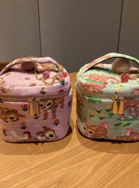 fl粉色小鹿手提化妆包翻包挂件多功能收纳毛巾包绿色小鹿