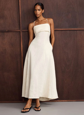 法式dissh小众设计感亚麻无袖吊带露背连衣裙收腰A字裙度假风长裙