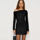法式 小众黑色一字肩斜肩长袖 打底针织连衣裙气质收腰包臀a字短裙
