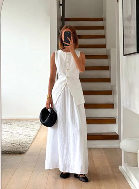 法式小众dissh白亚麻马甲背心气质无袖上衣女老钱风短裤两件套装