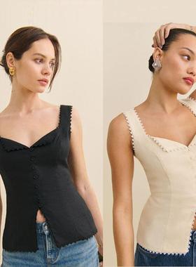 Ref同款自制小众设计亚麻蕾丝花边吊带无袖衬衫南法度假背心上衣