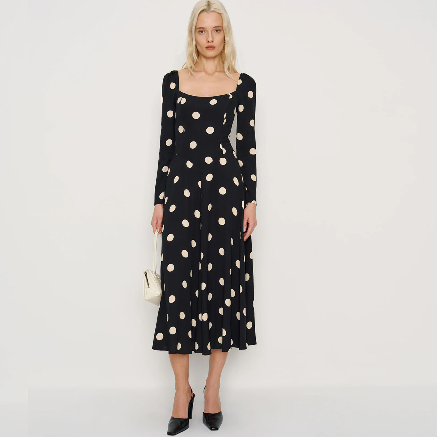 ref法式复古方领黑色波点连衣裙