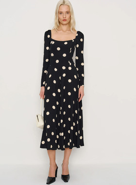 ref法式复古方领长袖黑色波点连衣裙女修身显瘦裙子a字裙度假长裙