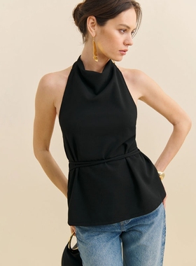 法式ref小众黑色挂脖吊带无袖背心时尚气质露背设计感上衣女初夏