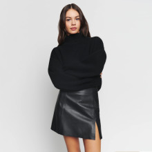 reformation法式气质高腰开叉包臀半身裙皮裙小黑裙迷你a字短裙女