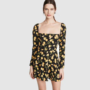 ref法式小众方领长袖碎花收腰显瘦连衣裙高级感小个子A字裙短裙子