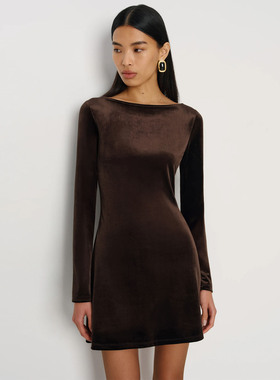 ref法式复古丝绒连衣裙女一字船领长袖收腰小个子修身气质a字短裙