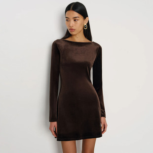 ref法式复古丝绒连衣裙女一字船领长袖收腰小个子修身气质a字短裙
