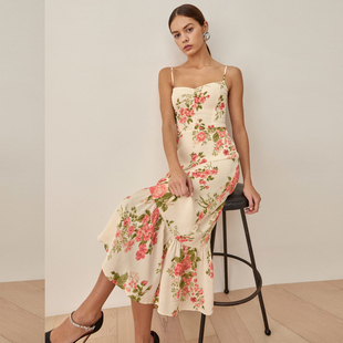 reformation法式荷叶边碎花吊带连衣裙子女高级感气质度假长裙子