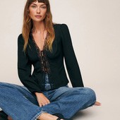 V领衬衫 reformation法式 黑色性感蕾丝长袖 女士优雅气质高级感上衣