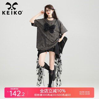KEIKO蝴蝶花破洞短袖t恤女夏季