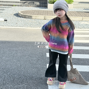 【彩虹】2025秋季男女童圆领毛衣渐变镂空针织衫儿童上衣