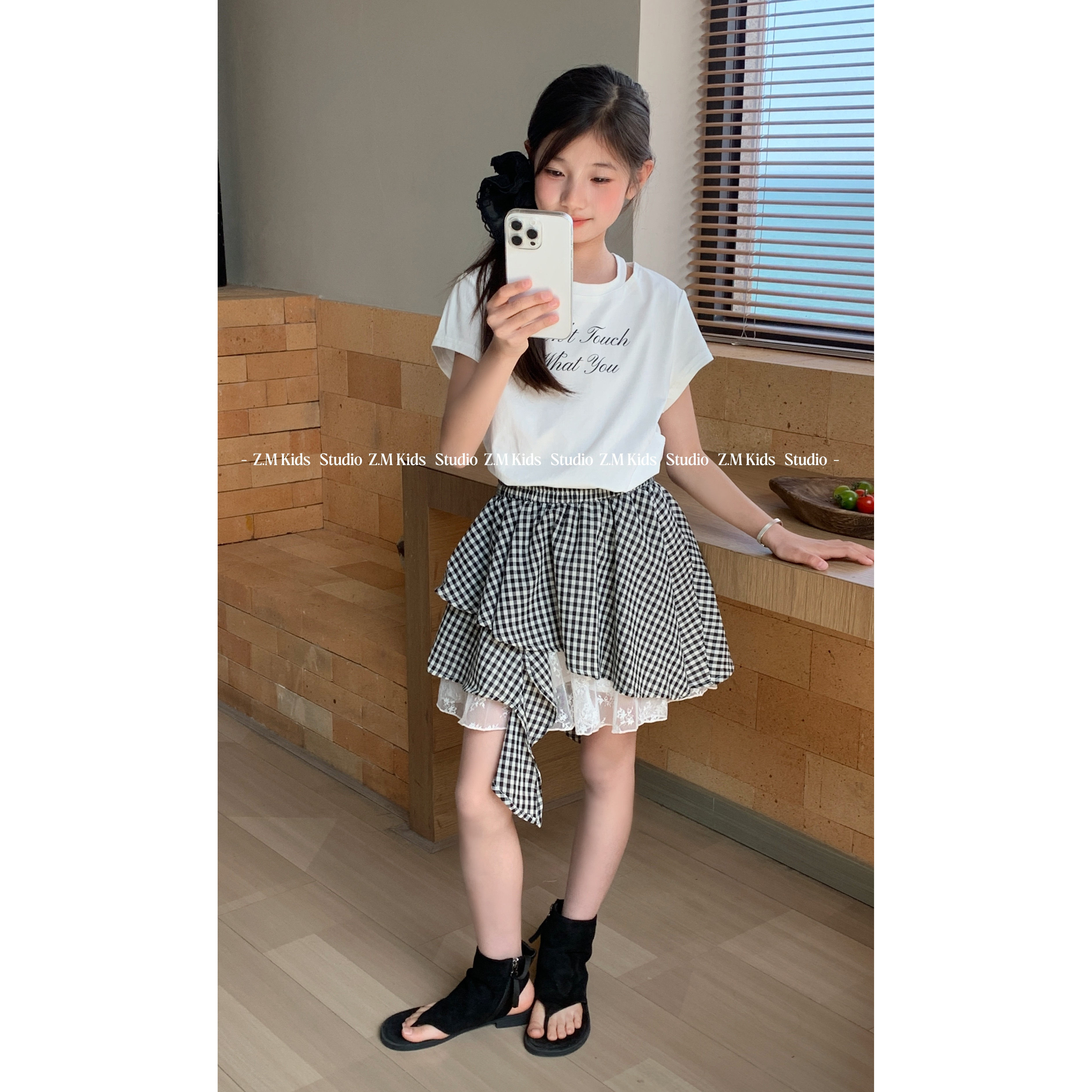 26夏女童两件套儿童收腰印花短袖格子蕾丝裙裤中大童套装