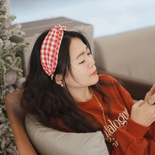 复古学院风红色格子布艺交叉打结发箍女高颅顶日系文艺范新款头箍