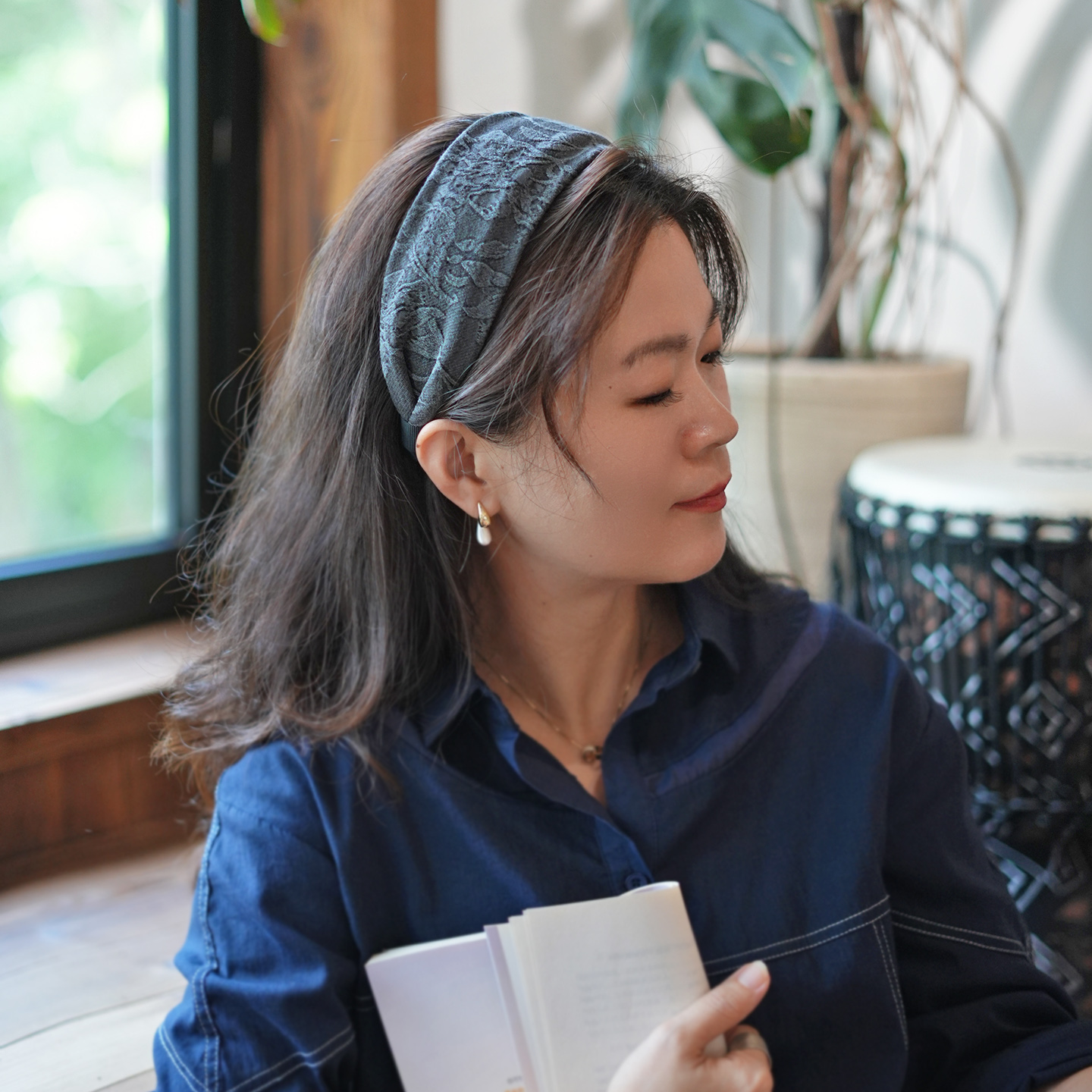 废土风穿搭灰色洗水亚麻宽边发箍