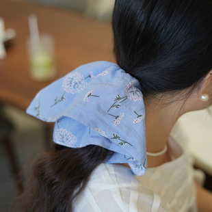 日系穿搭清新浅蓝蒲公英苎麻棉方巾发圈女高级感气质新款头花头饰