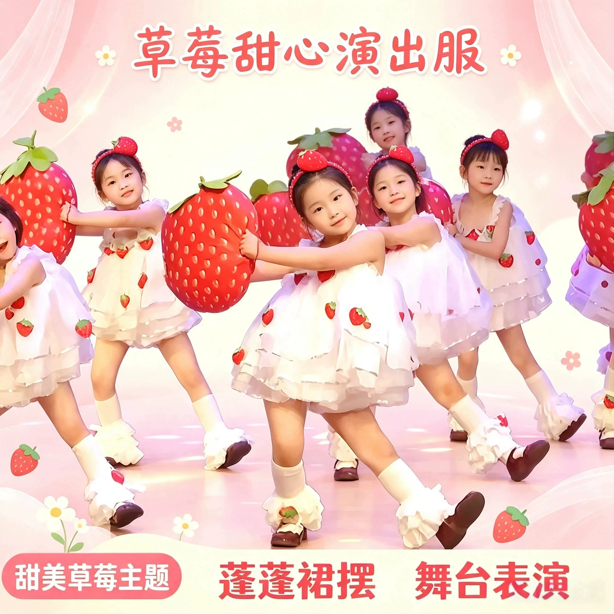草莓派对儿童演出服蓬蓬裙幼儿园表演服装女童可爱公主裙白色纱裙