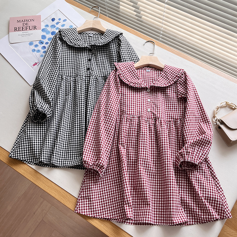 女童秋冬甜美复古风格子连衣裙娃娃领长裙