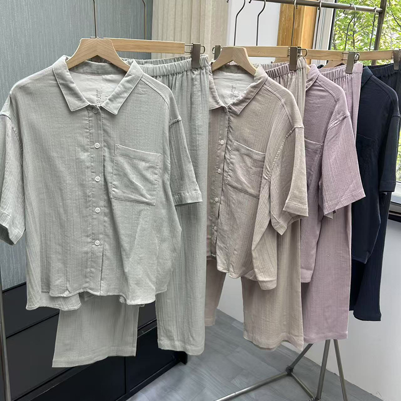 女式无侧缝杨柳纱织五分袖睡衣纯棉舒服透气家居服套装夏