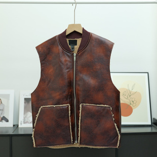 走老美 秋冬复古做旧仿羊羔绒马甲外套女