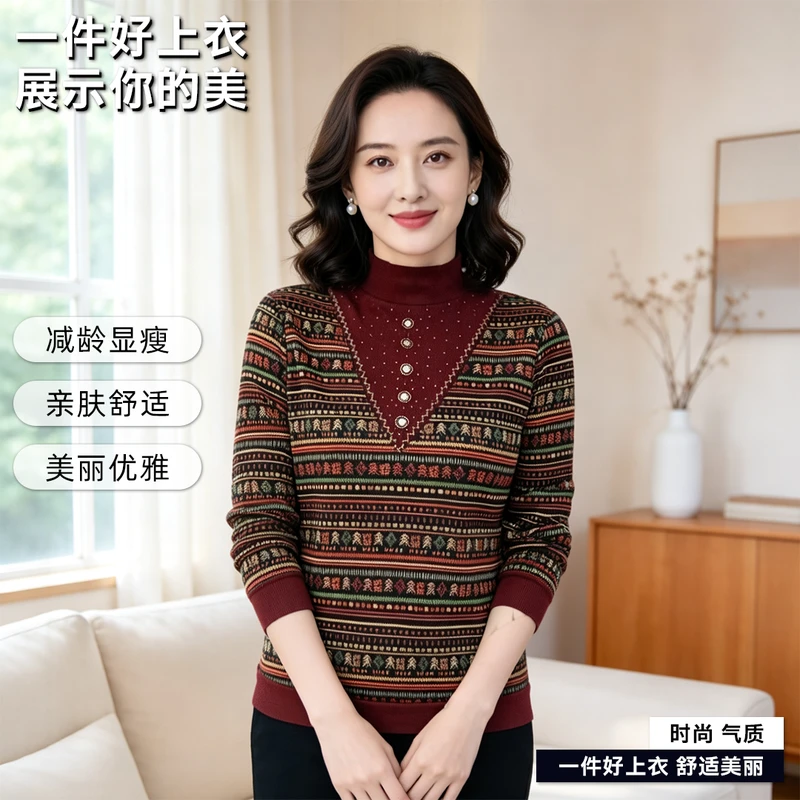 小慕雅女装时尚洋气宽松显瘦保暖加绒半高领长袖女上衣针织内搭