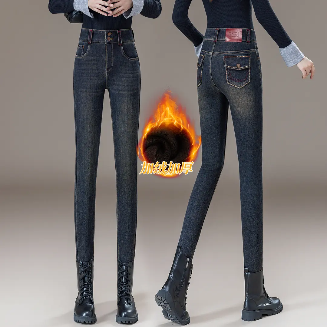 显瘦小脚纽扣秋冬加厚微弹通勤风