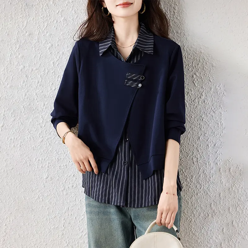 纤黛珂服装时尚翻领条纹拼接假两件长袖衬衫2026春季新款上衣女士,女装/女士精品,大码内搭,淘宝优惠券,粉丝福利购,淘宝优惠卷