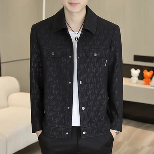 朗佐精品男装秋季新款夹克男翻领字母外套时尚印花格子男士夹克韩