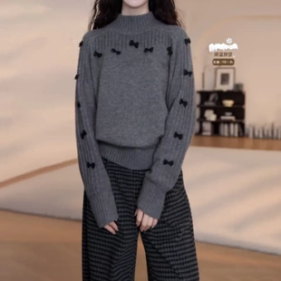 伊妮儿女装纯色半高领蝴蝶结毛衣2026初春新款慵懒风时尚长袖保暖