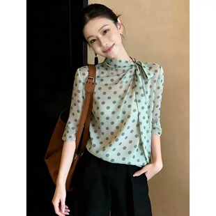 特色服装优品时尚波点中袖雪纺衬衫女夏气质显瘦蝴蝶结飘带衬衣