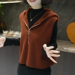 大船满仓连帽高端马甲针织衫显瘦秋套头舒适纯色慵懒风上衣半拉链