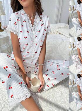 女士家居服樱桃印花水溶绣花边短袖长裤可外穿睡衣女