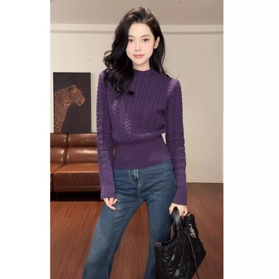 2025秋季款法式复古麻花小立领厚款毛针织衫高级感圆领收腰上衣女