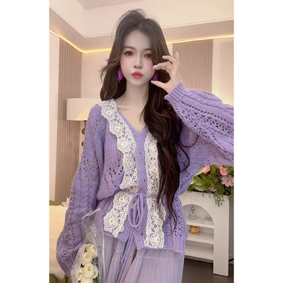 韩系v领蕾丝拼接针织开衫女早秋新款高级感时尚气质收腰减龄外套